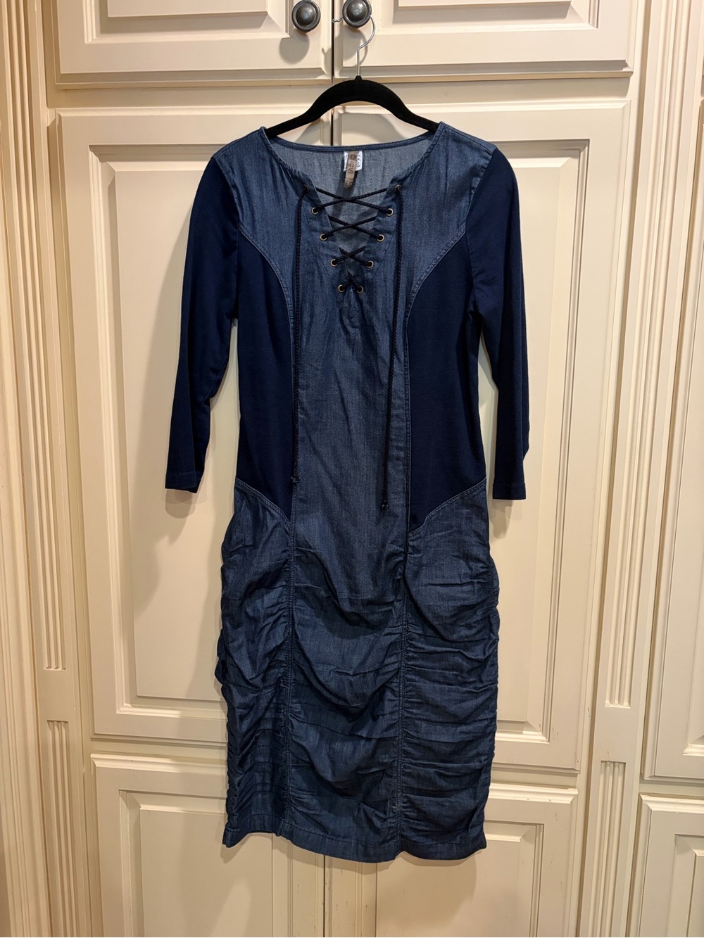 XCVI Navy Lace-Up Mixed-Fabric Long Sleeve lightweight denim Dress